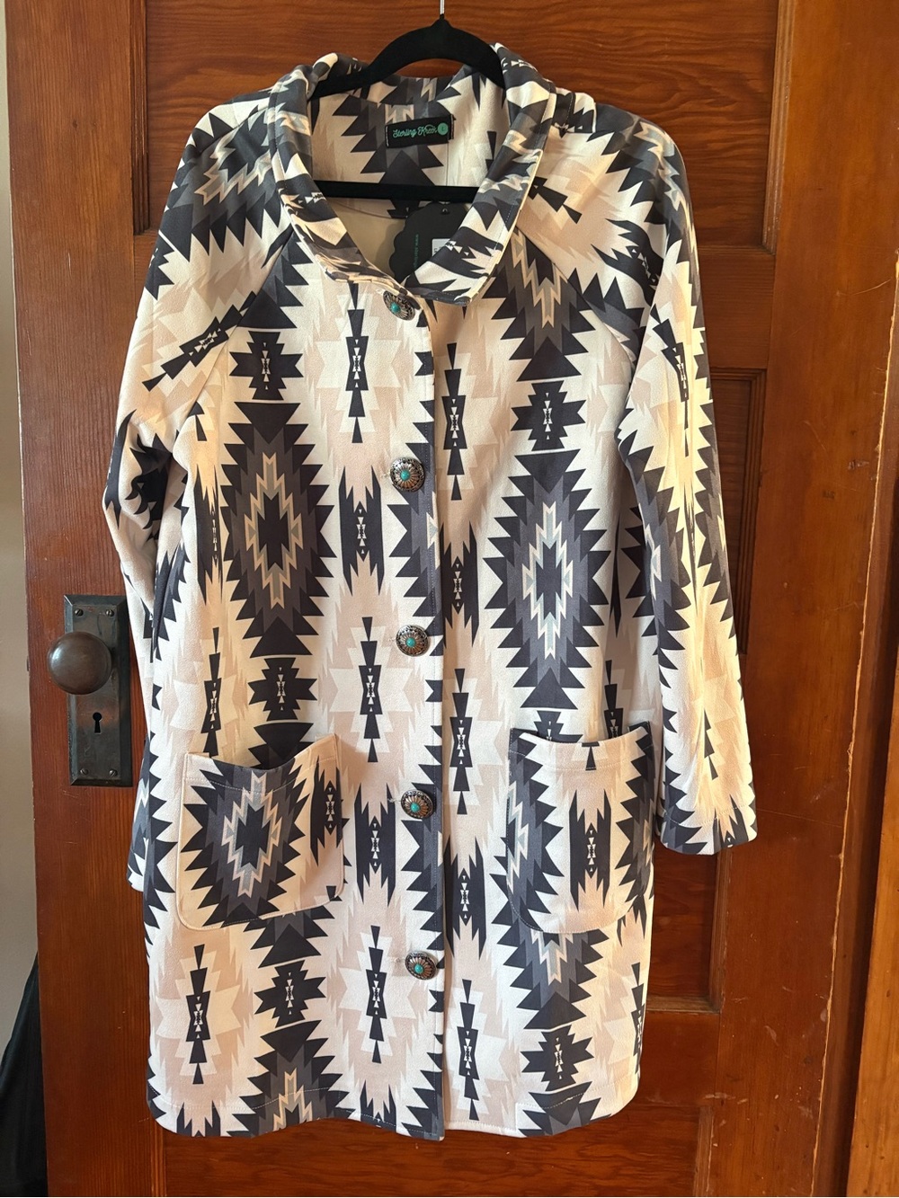 Sterling Kreek Women's Aztec Print Long Coat in Cream & Black